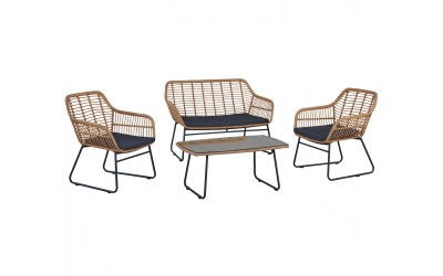 Градински комплект HM5530  - маса, канапе и две кресла, възглавници, ракита - Бежов/Тъмно сив