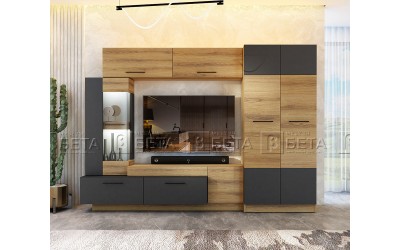 ТВ секция за хол с гардероб Форте - Графит/Дъб Евок