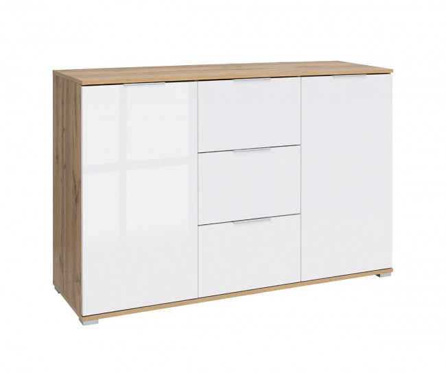 Бял шкаф скрин с 3 чекмеджета Zele KOM2D3S - Дъб вотан