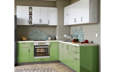 Готова ъглова кухня Лукс 16 - MDF, Бял гланц/Зелен гланц