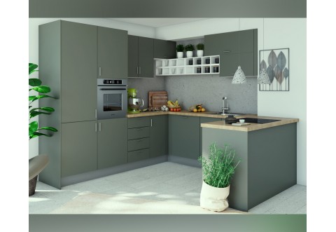 Готова ъглова кухня Лукс 9 - MDF Маслина мат/Бяло Готова ъглова кухня Лукс 9 - MDF Маслина мат/Бяло