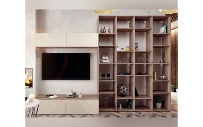 Голяма ТВ секция за хол Pulso A - Сатен/Дъб кастело меден