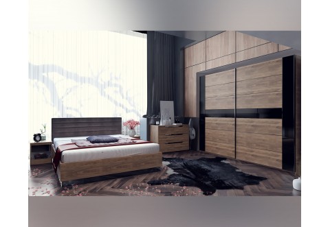 Спален комплект с матрак Modern 3 - 160/200 см, Дъб кастело бренди/ МДФ Черен гланц Спален комплект с матрак Modern 3 - 160/200 см, Дъб кастело бренди/ МДФ Черен гланц