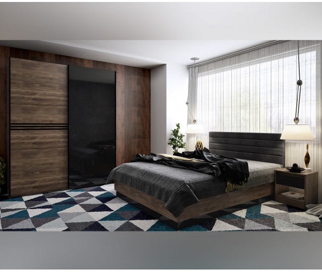 Спален комплект с матрак Modern - 160/200 см, Дъб кастело бренди/ МДФ Черен гланц Спален комплект с матрак Modern - 160/200 см, Дъб кастело бренди/ МДФ Черен гланц