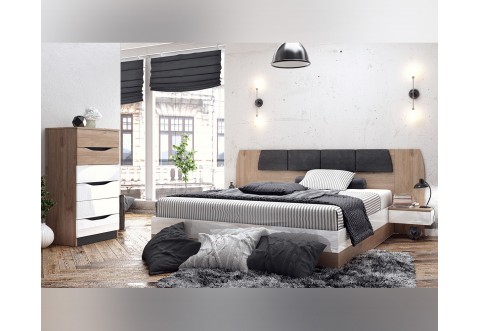 Спален комплект с матрак Rayven - 160/200 см, Дъб харбър златен/ МДФ Бял гланц Спален комплект с матрак Rayven - 160/200 см, Дъб харбър златен/ МДФ Бял гланц