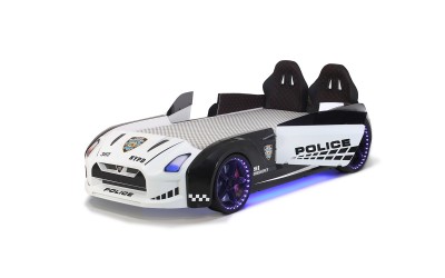 Детско легло полицейска кола GTR Police 90/190 с дистанционно - бяло/черена - дънно осветление, светещи фарове, джанти, кожени седалки 