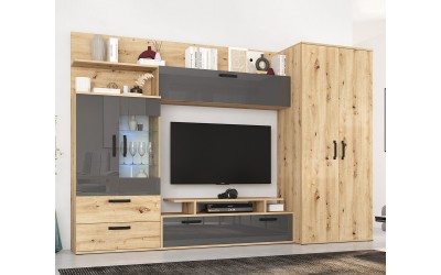 ТВ секция за хол Аврора с гардероб - Артизан/MDF Антрацит огледален гланц