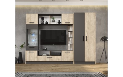 ТВ секция за хол с гардероб Опал 2 - Дъб елеганс/Графит