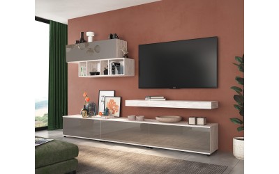 Модулна секция за хол Примо - МДФ Тъмно Капучино Огледален гланц/Дъб Бланко