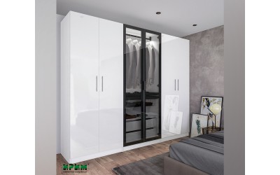 Шесткрилен гардероб Dress 37 - MDF Бял гланц, Бяло фладер