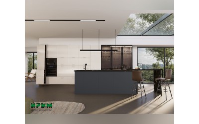 Кухня с остров Сити 9191 МДФ Крийм гланц/Карбон мат/Мока