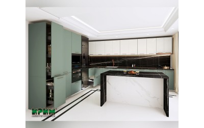 Ъглова кухня с остров Сити 9192 МДФ Олив мат/Крийм гланц/Мока