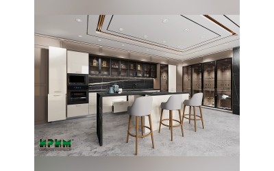 Кухня с остров Сити 9193 МДФ Крийм гланц/Мока