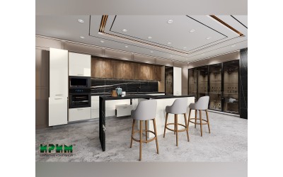 Кухня с остров Сити 9194 МДФ Крийм гланц/Дъб натурал/Мока