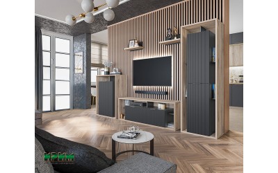 Модулна секция за хол Сити 6068 - МДФ Карбон мат/Графит/Сонома арвен