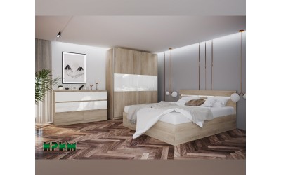 Спален комплект с матрак Сити 7083 - 180/200, Бяло гланц хайглос/Сонома арвен