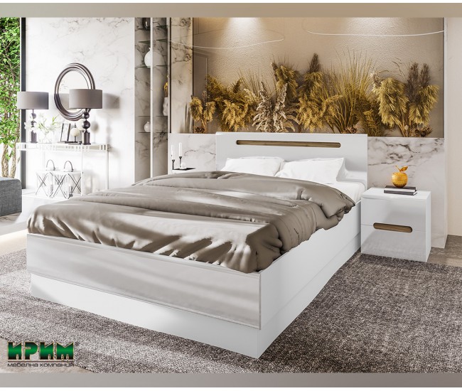 Спалня с матрак Luxory - 160/200 см, МДФ Бяло гланц/Орех/Бял Спалня с матрак Luxory - 160/200 см, МДФ Бяло гланц/Орех/Бял